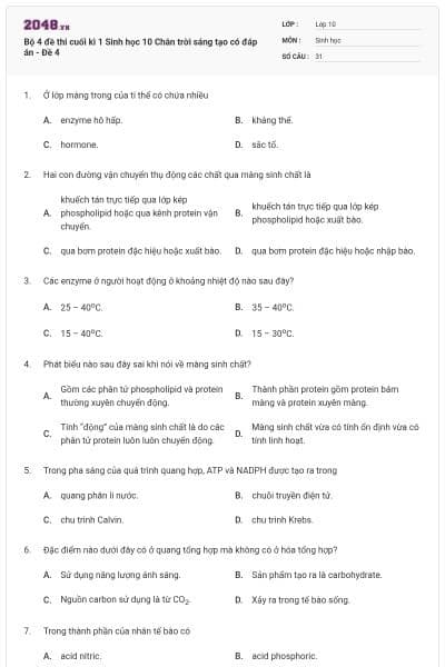 Bộ 4 đề thi cuối kì 1 Sinh học 10 Chân trời sáng tạo có đáp án - Đề 4