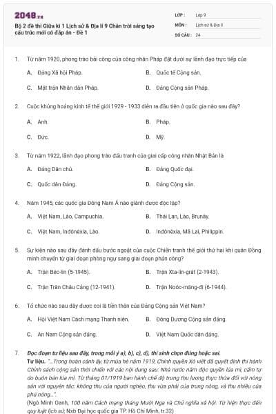 Bộ 2 đề thi Giữa kì 1 Lịch sử & Địa lí 9 Chân trời sáng tạo cấu trúc mới có đáp án - Đề 1