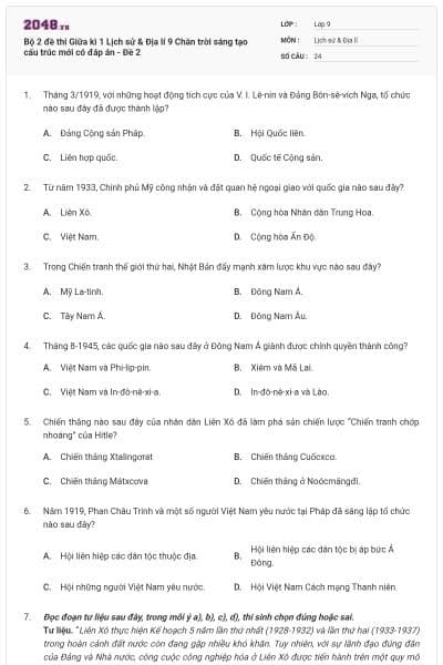 Bộ 2 đề thi Giữa kì 1 Lịch sử & Địa lí 9 Chân trời sáng tạo cấu trúc mới có đáp án - Đề 2
