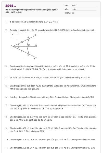Bài 4: Trường hợp bằng nhau thứ hai của tam giác: cạnh - góc - cạnh (c.g.c)