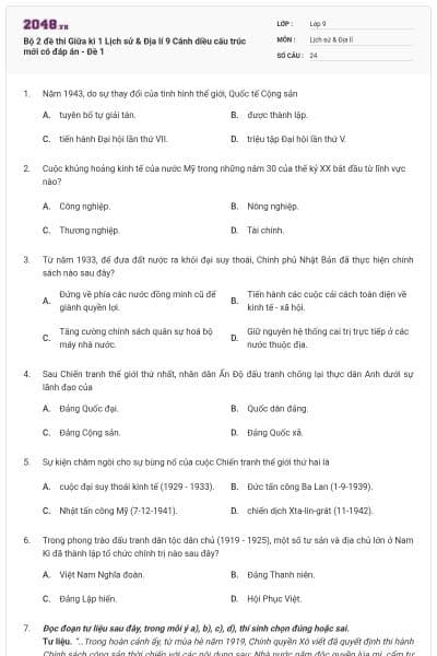 Bộ 2 đề thi Giữa kì 1 Lịch sử & Địa lí 9 Cánh diều cấu trúc mới có đáp án - Đề 1