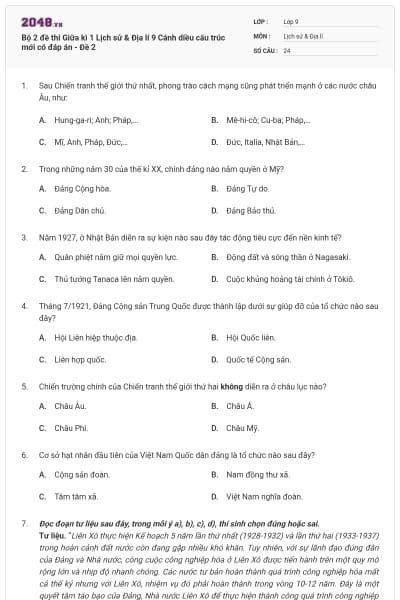 Bộ 2 đề thi Giữa kì 1 Lịch sử & Địa lí 9 Cánh diều cấu trúc mới có đáp án - Đề 2