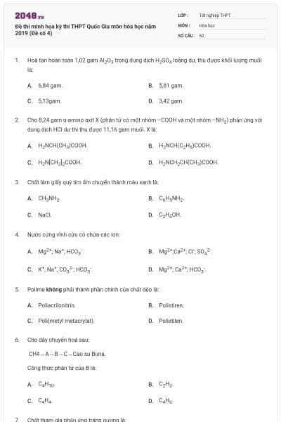 Đề thi minh họa kỳ thi THPT Quốc Gia môn hóa học năm 2019 (Đề số 4)