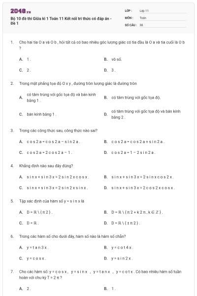 Bộ 10 đề thi Giữa kì 1 Toán 11 Kết nối tri thức có đáp án - Đề 1