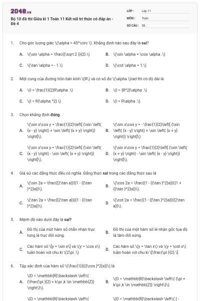 Bộ 10 đề thi Giữa kì 1 Toán 11 Kết nối tri thức có đáp án - Đề 4