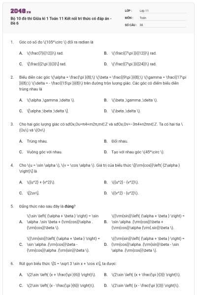 Bộ 10 đề thi Giữa kì 1 Toán 11 Kết nối tri thức có đáp án - Đề 6