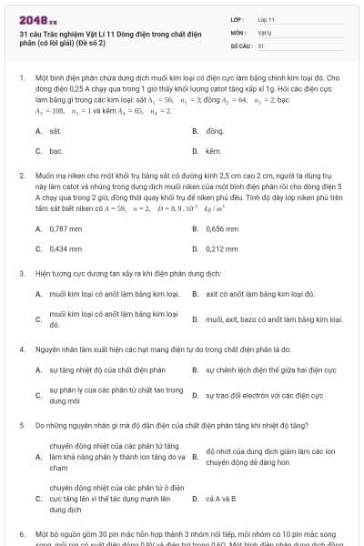 31 câu Trắc nghiệm Vật Lí 11 Dòng điện trong chất điện phân (có lời giải) (Đề số 2)