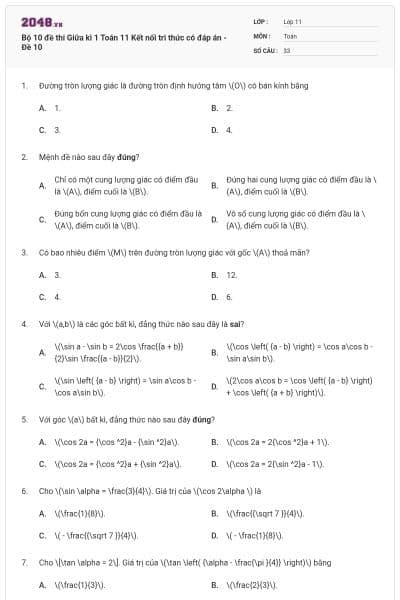 Bộ 10 đề thi Giữa kì 1 Toán 11 Kết nối tri thức có đáp án - Đề 10