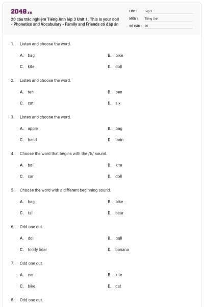 20 câu trắc nghiệm Tiếng Anh lớp 3 Unit 1. This is your doll - Phonetics and Vocabulary - Family and Friends có đáp án