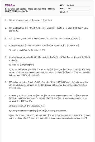 Đề thi tuyển sinh vào lớp 10 Toán năm học 2016 - 2017 Sở GD&ĐT Đà Nẵng có đáp án