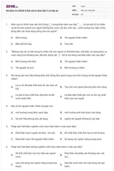 Đề kiểm tra GDCD 8 Kết nối tri thức Bài 5 có đáp án