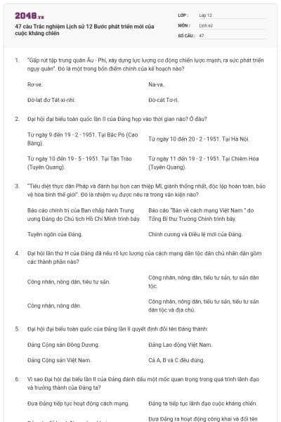 47 câu Trắc nghiệm Lịch sử 12 Bước phát triển mới của cuộc kháng chiến
