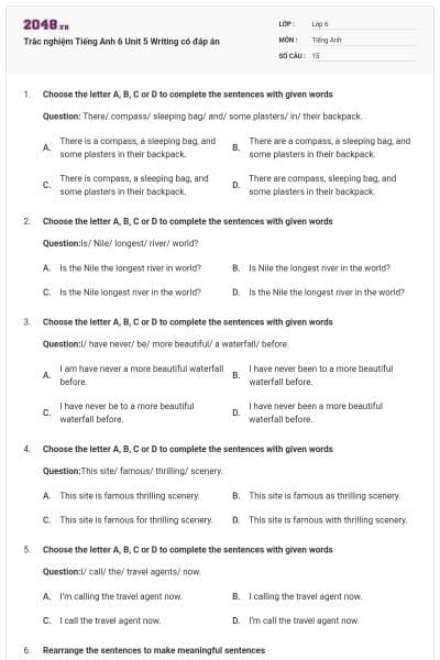 Trắc nghiệm Tiếng Anh 6 Unit 5 Writing có đáp án