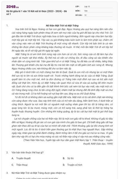 Đề thi giữa kì 1 văn 10 Kết nối tri thức (2023 - 2024) - Đề số 1