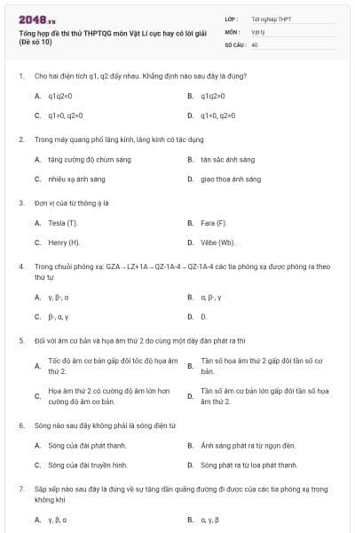 Tổng hợp đề thi thử THPTQG môn Vật Lí cực hay có lời giải (Đề số 10)