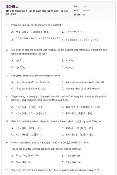 Bộ 5 đề thi giữa kì 1 Hóa 11 Cánh diều (2023-2024) có đáp án - Đề 2