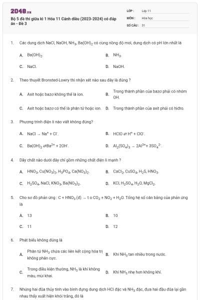 Bộ 5 đề thi giữa kì 1 Hóa 11 Cánh diều (2023-2024) có đáp án - Đề 3