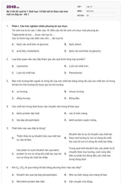 Bộ 3 đề thi cuối kì 1 Sinh học 10 Kết nối tri thức cấu trúc mới có đáp án - Đề 1