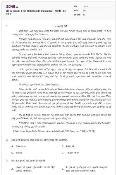 Đề thi giữa kì 1 văn 10 Kết nối tri thức (2023 - 2024) - Đề số 4