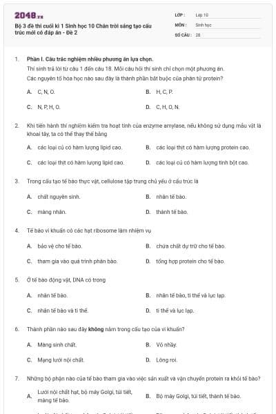 Bộ 3 đề thi cuối kì 1 Sinh học 10 Chân trời sáng tạo cấu trúc mới có đáp án - Đề 2