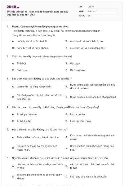Bộ 3 đề thi cuối kì 1 Sinh học 10 Chân trời sáng tạo cấu trúc mới có đáp án - Đề 3