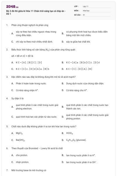 Bộ 3 đề thi giữa kì Hóa 11 Chân trời sáng tạo có đáp án - Đề 1