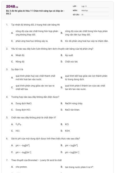 Bộ 3 đề thi giữa kì Hóa 11 Chân trời sáng tạo có đáp án - Đề 2