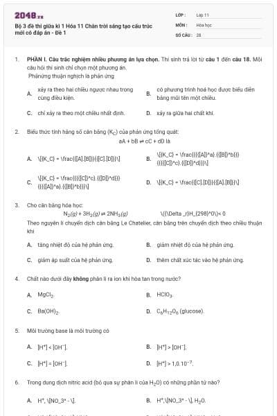 Bộ 3 đề thi giữa kì 1 Hóa 11 Chân trời sáng tạo cấu trúc mới có đáp án - Đề 1