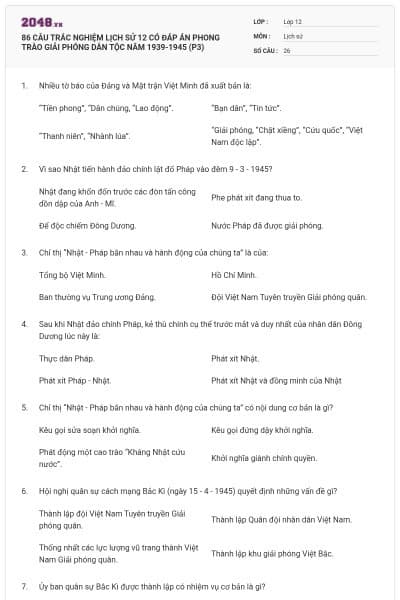 86 CÂU TRẮC NGHIỆM LỊCH SỬ 12 CÓ ĐÁP ÁN PHONG TRÀO GIẢI PHÓNG DÂN TỘC NĂM 1939-1945 (P3)