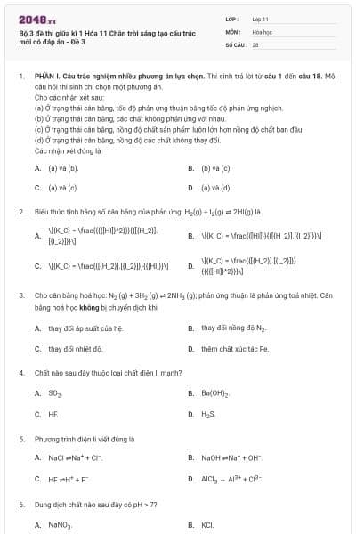 Bộ 3 đề thi giữa kì 1 Hóa 11 Chân trời sáng tạo cấu trúc mới có đáp án - Đề 3