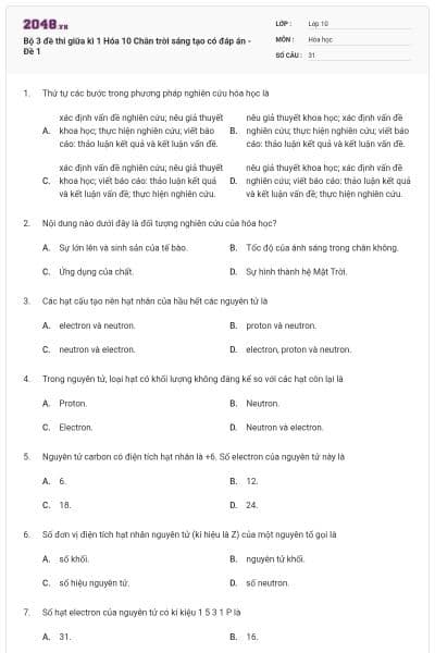 Bộ 3 đề thi giữa kì 1 Hóa 10 Chân trời sáng tạo có đáp án - Đề 1