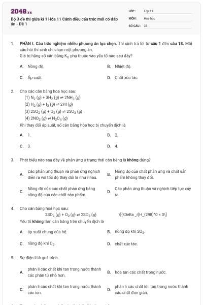 Bộ 3 đề thi giữa kì 1 Hóa 11 Cánh diều cấu trúc mới có đáp án - Đề 1