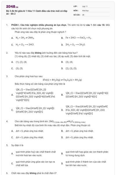Bộ 3 đề thi giữa kì 1 Hóa 11 Cánh diều cấu trúc mới có đáp án - Đề 2