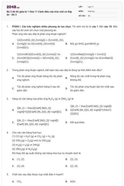 Bộ 3 đề thi giữa kì 1 Hóa 11 Cánh diều cấu trúc mới có đáp án - Đề 3