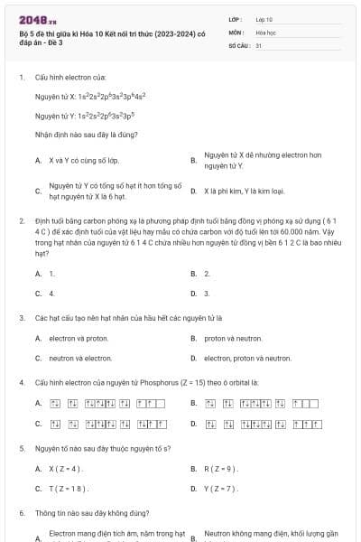 Bộ 5 đề thi giữa kì Hóa 10 Kết nối tri thức (2023-2024) có đáp án - Đề 3