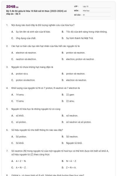 Bộ 5 đề thi giữa kì Hóa 10 Kết nối tri thức (2023-2024) có đáp án - Đề 4
