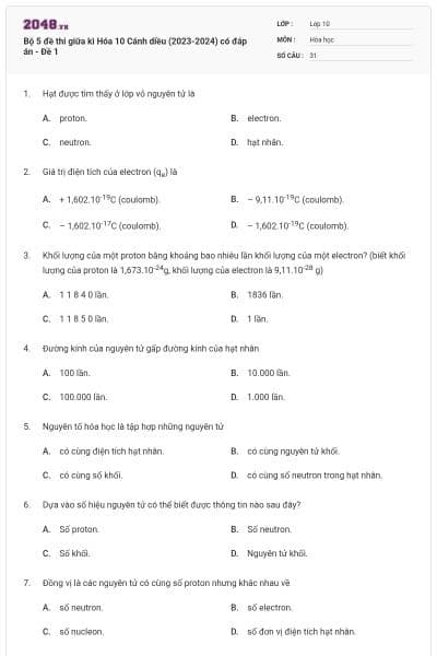Bộ 5 đề thi giữa kì Hóa 10 Cánh diều (2023-2024) có đáp án - Đề 1