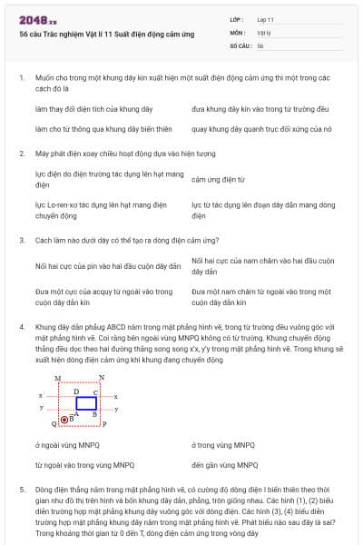 56 câu Trắc nghiệm Vật lí 11 Suất điện động cảm ứng