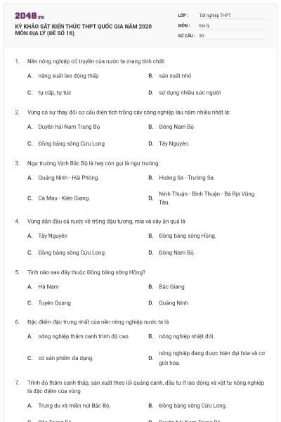 KỲ KHẢO SÁT KIẾN THỨC THPT QUỐC GIA NĂM 2020 MÔN ĐỊA LÝ (ĐỀ SỐ 16)