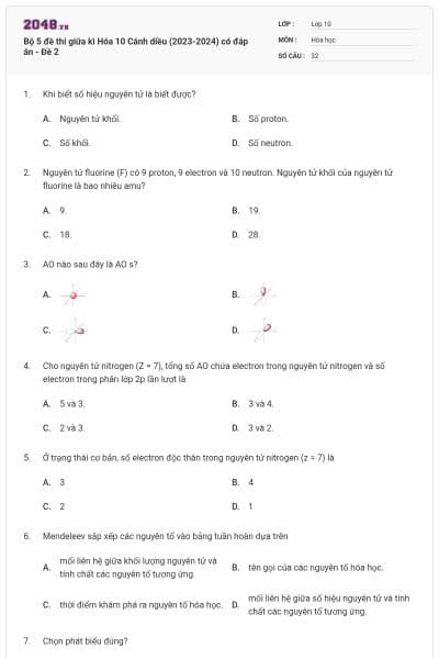 Bộ 5 đề thi giữa kì Hóa 10 Cánh diều (2023-2024) có đáp án - Đề 2