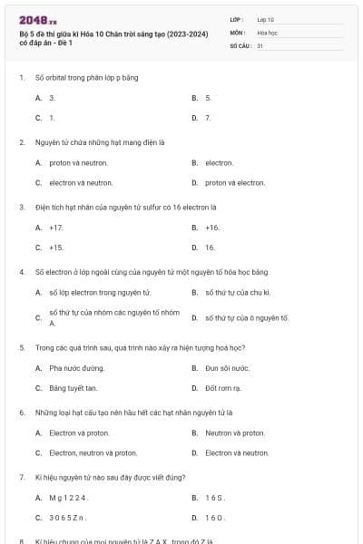 Bộ 5 đề thi giữa kì Hóa 10 Chân trời sáng tạo (2023-2024) có đáp án - Đề 1