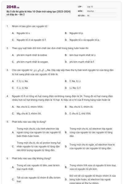 Bộ 5 đề thi giữa kì Hóa 10 Chân trời sáng tạo (2023-2024) có đáp án - Đề 2