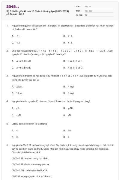 Bộ 5 đề thi giữa kì Hóa 10 Chân trời sáng tạo (2023-2024) có đáp án - Đề 3