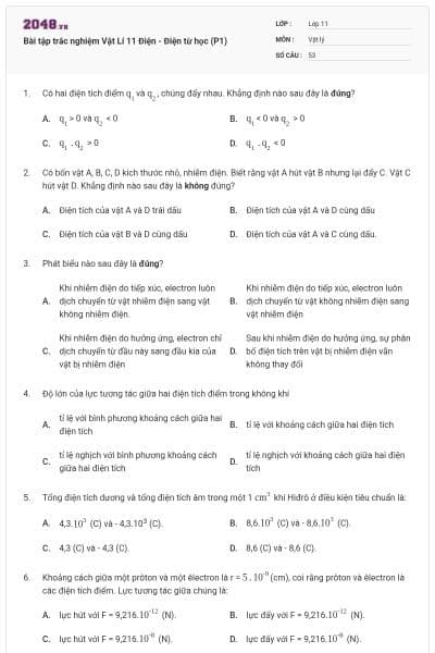 Bài tập trắc nghiệm Vật Lí 11 Điện - Điện từ học (P1)