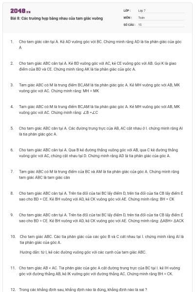 Bài 8: Các trường hợp bằng nhau của tam giác vuông