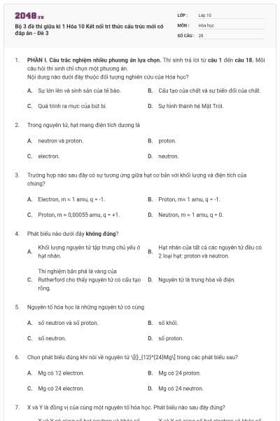Bộ 3 đề thi giữa kì 1 Hóa 10 Kết nối tri thức cấu trúc mới có đáp án - Đề 3