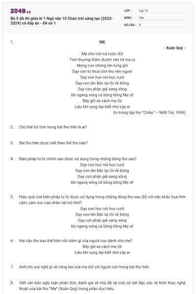 Bộ 5 đề thi giữa kì 1 Ngữ văn 10 Chân trời sáng tạo (2023-2024) có đáp án - Đề số 1
