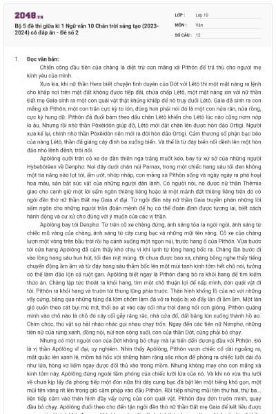 Bộ 5 đề thi giữa kì 1 Ngữ văn 10 Chân trời sáng tạo (2023-2024) có đáp án - Đề số 2