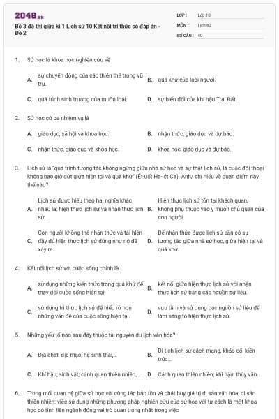 Bộ 3 đề thi giữa kì 1 Lịch sử 10 Kết nối tri thức có đáp án - Đề 2