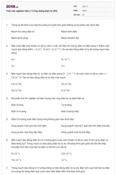 Trắc trắc nghiệm Vật Lí 12 Dao Động điện từ (P6)